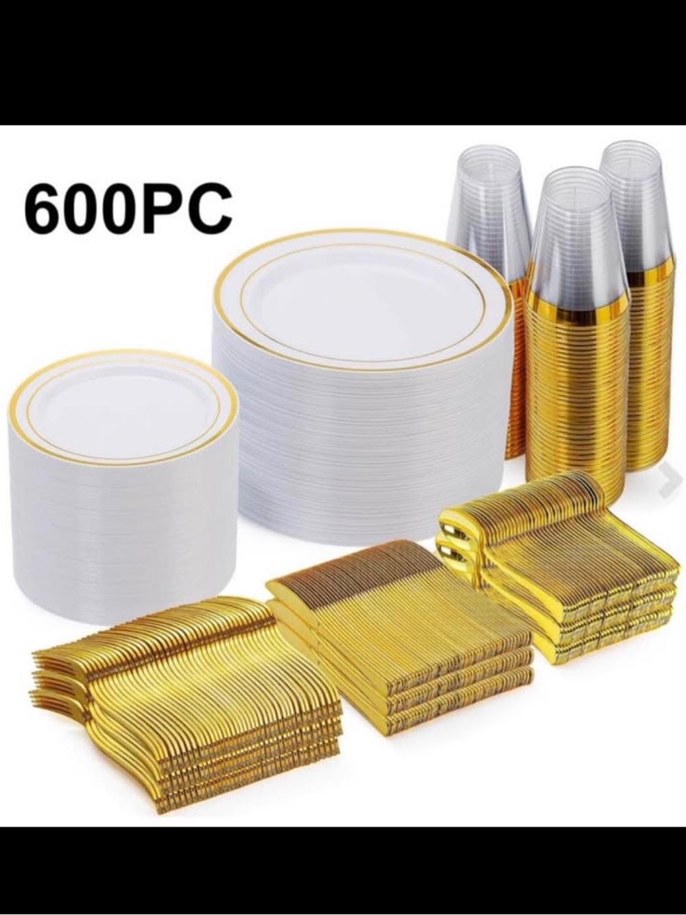Premium White and Gold Disposable Party Tableware Set - 600PC